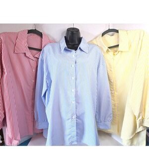 LOT OF 3 - SHEIN CURVE 1XL Stripe Button Up Blouse 3/4 Sleeve Red/Blue/Yellow